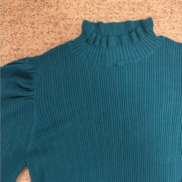 CeCe Mock Neck Puff Shoulder Teal Sweater, NWT - Picture 3 of 6